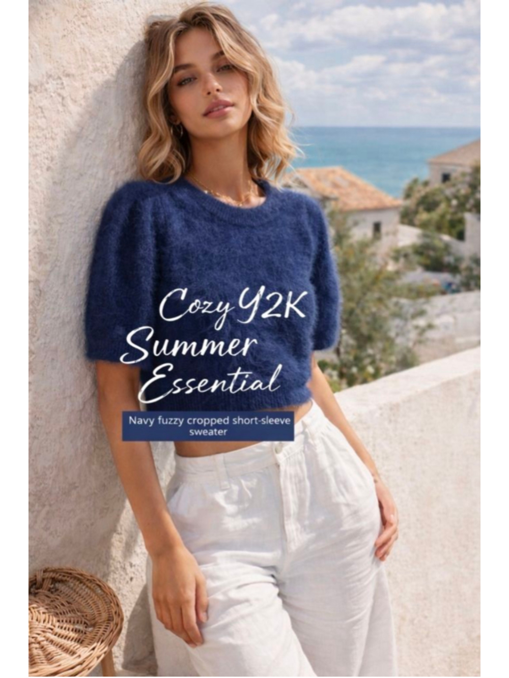 Day + Moon Navy Fuzzy Cropped Sweater Puff Sleeve Short Sleeve Knit Top L Y2K